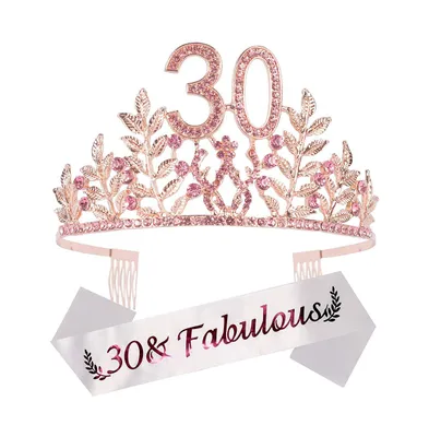 30th Birthday Sash and Tiara for Women - Glitter Sash with Leafs Rhinestone Pink Metal Tiara, Perfect 30th Birthday Gifts for Party Celebration