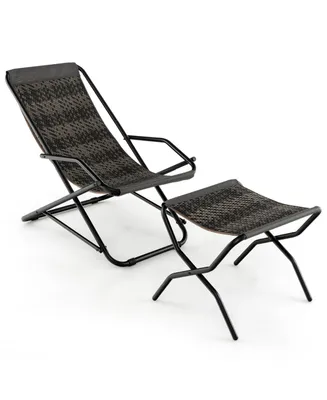 1 Pc Patio Folding Rattan Sling Lounge Chair Ottoman Rocking Footrests Armrest