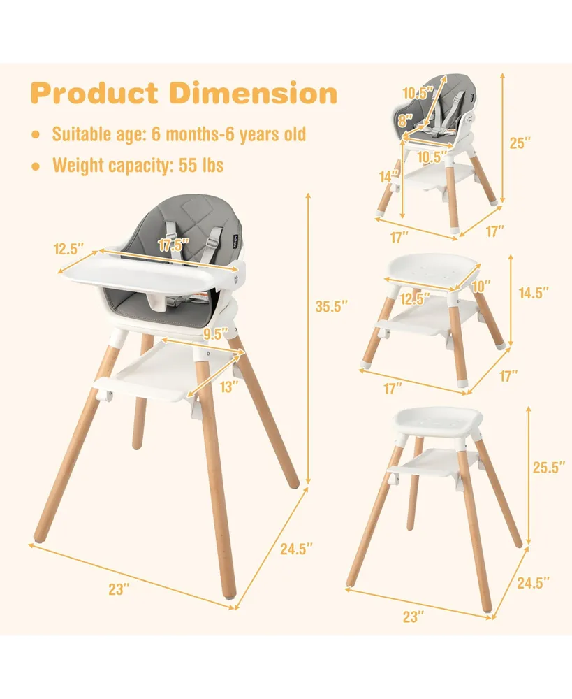 6-in-1 Convertible Wooden Baby Highchair Infant Feeding Chair with Removable Tray