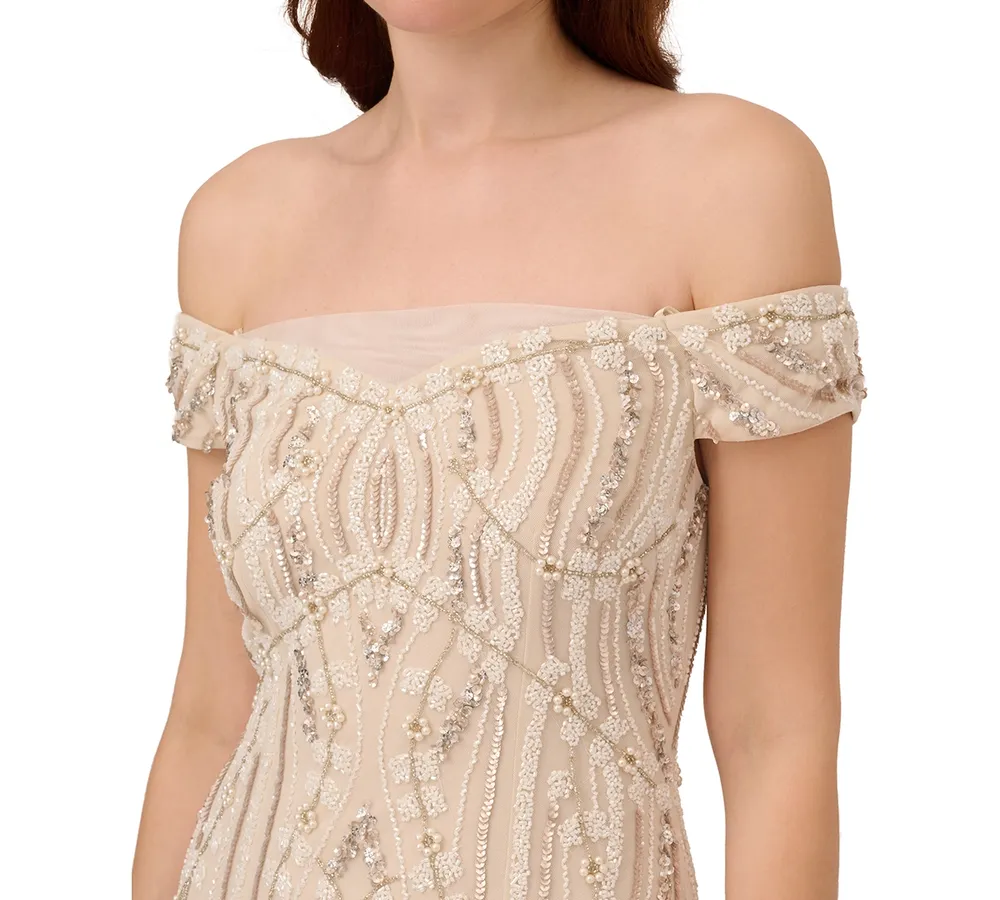 Adrianna Papell Women's Beaded Off-The-Shoulder Gown
