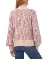 CeCe Women's Marled Blouson Sleeve Jacquard Knit Mock Neck Sweater