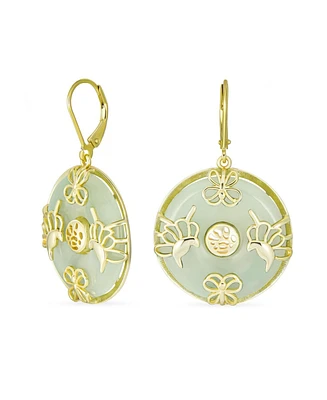 Bling Jewelry Asian Style Dangle Circle Round Donut Good Fortune Light Green Natural Jade Butterfly Disc Drop Statement Earrings 14K Gold Overlay Ster