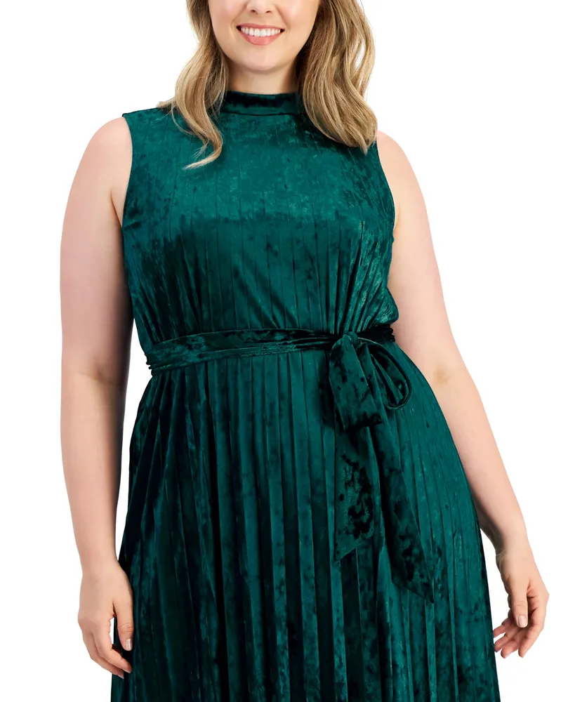 Tahari Asl Plus Size Pleated-Skirt Crushed Velvet Midi Dress