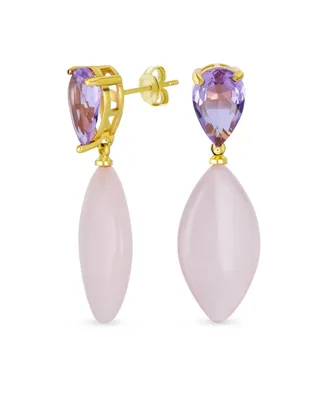 Bling Jewelry Unique Geometric Linear Pink Natural Quartz Rhombus Teardrop Shape Purple Cz Multi-Tier Party Dangling Earrings in Gold Plated