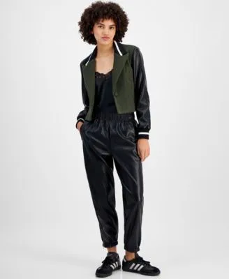 Avec Les Filles Womens Mixed Media Cropped Varsity Blazer Faux Leather Ankle Zip Jogger Pants