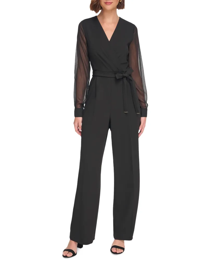 Tommy Hilfiger Women's Long-Chiffon-Sleeve Scuba Crepe Jumpsuit