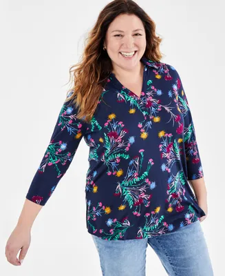 Style & Co Plus Lola Floral-Print Johnny-Collar Tunic, Created for Macy's