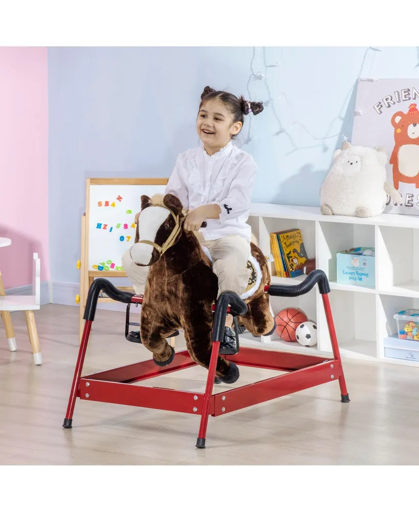 Qaba Kids Spring Rocking Horse, Ride on Horse for Girls and Boys with Animal Sounds, Plush Horse Ride-on with Soft Feel, Interactive Toy for Kids