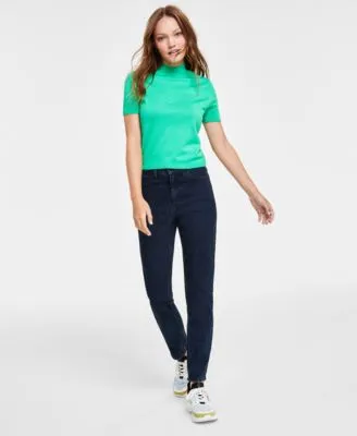 Calvin Klein Jeans Womens Embroidered Mock Neck Cropped Top High Rise Slim Leg Denim Jeans