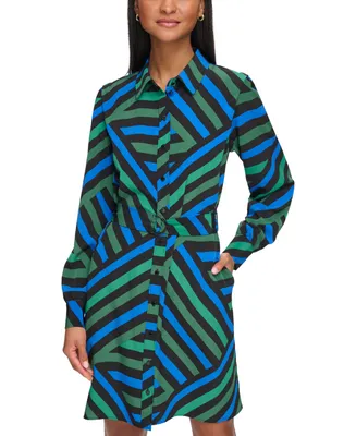 Karl Lagerfeld Paris Women's Geometric Stripe Print Silky Crepe Shirt Dress