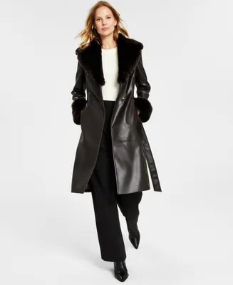 Via Spiga Women's Faux-Leather Faux-Fur-Trim Trench Coat