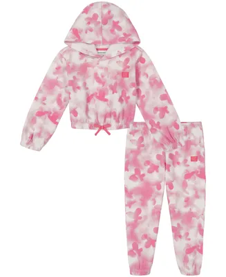 Calvin Klein Toddler Girl Hooded Butterfly Print Fleece Sweatsuit and Pants, 2 Piece Set