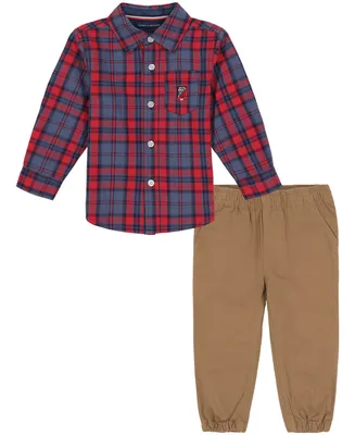 Tommy Hilfiger Baby Boys Plaid Long Sleeve Button-Front Shirt and Twill Joggers, 2 Piece Set