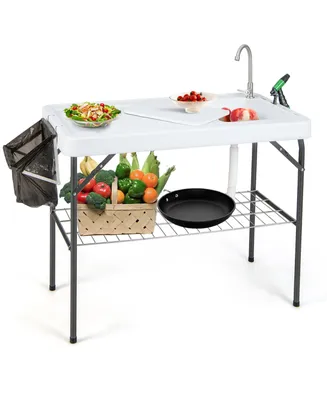 Folding Fish Cleaning Table Portable Camping Table with Faucet Hose Grid Rack