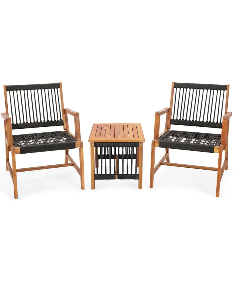 Costway Patio 3pcs Acacia Wood Outdoor Furniture Bistro Set All-Weather Rope Woven