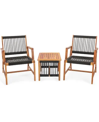 Patio 3pcs Acacia Wood Outdoor Furniture Bistro Set All-Weather Rope Woven