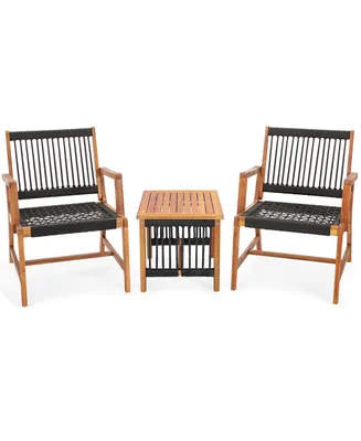 Costway Patio 3pcs Acacia Wood Outdoor Furniture Bistro Set All-Weather Rope Woven