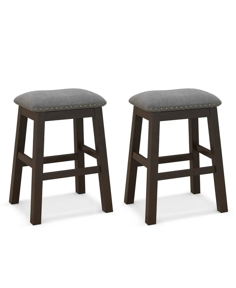 Costway Set of 2 Upholstered Saddle Bar Stools 24.5'' Dining Chairs with Wooden Legs