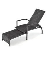 Costway Patio Wicker Elastic Sponge Lounge Chair Back Adjustable with Retractable Ottoman