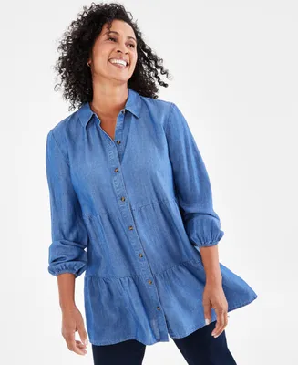Style & Co Petite Chambray Button-Front Tiered Top, Created for Macy's