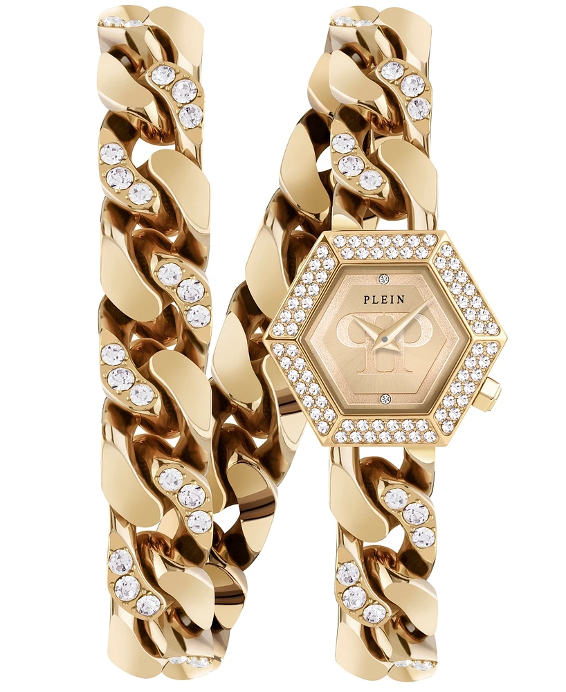 Philipp Plein Women's The Hexagon Gold-Tone Stainless Steel Crystal Link Wrap Bracelet Watch 28mm