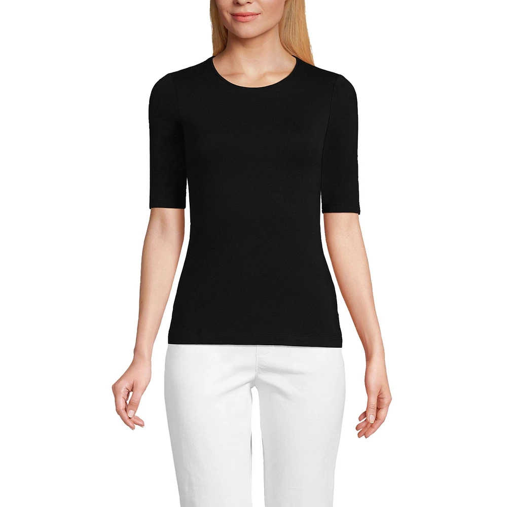 Lands' End Women's Lightweight Jersey Skimming Elbow Sleeve Crew Neck T-shirt