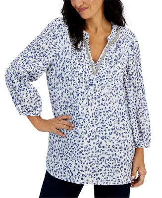 Charter Club Petite 100% Linen Split-Neck Puffed 3/4-Sleeve Top, Created for Macy's