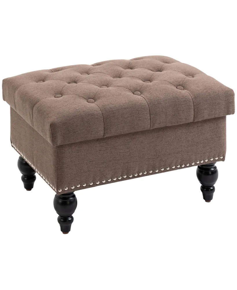 Homcom 25" Storage Ottoman with Removable Lid, Button-Tufted Fabric Bench for Footrest and Seat with Wood Legs, Coffee