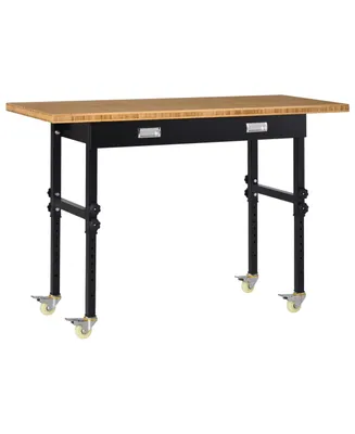 Homcom 59" Mobile Workbench Bamboo Top Adjustable Height Work Table W/ Drawer