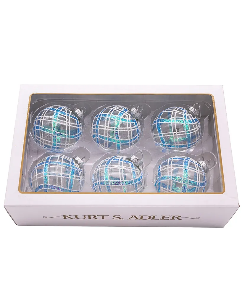 Kurt Adler 80mm Plaid Glass Ball Ornaments, 6 Piece Set