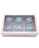 Kurt Adler 80mm Plaid Glass Ball Ornaments, 6 Piece Set