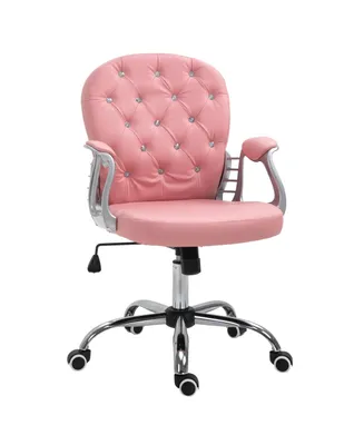 Vinsetto Vanity Pu Leather Mid Back Office Chair Swivel Tufted Backrest Task Chair with Padded Armrests, Adjustable Height, Rolling Wheels, Pink