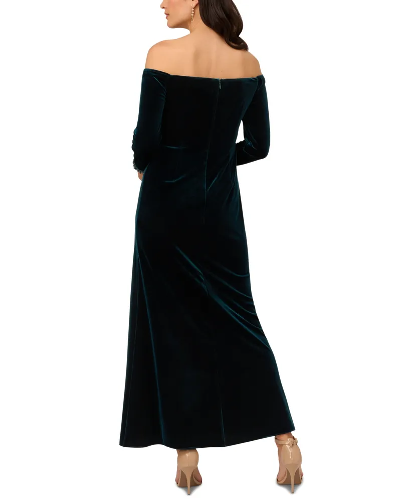 Adrianna Papell Women's Velvet Off-The-Shoulder Beaded-Cuff Gown