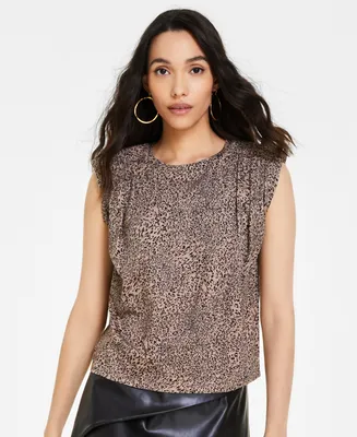 Bar Iii Women's Printed Cotton Pleated-Shoulder Top, Created for Macy's