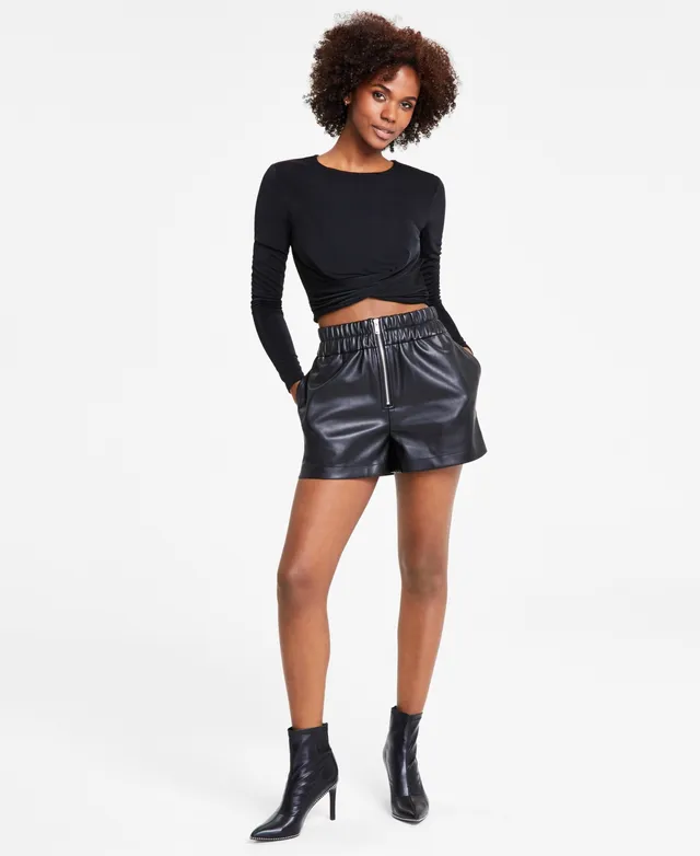 High Waist Coated Faux Leather Shorts