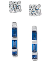 2-Pc. Set Lab-Grown Blue Spinel Hoops (1/3 ct. t.w.) & Lab-Grown White Sapphire Stud (1/3 ct. t.w.) Earrings in Sterling Silver