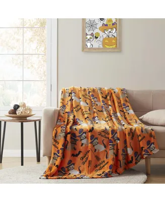 Kate Aurora Oversized Halloween Orange Spooky Cats & Broomstick Ultra Soft & Plush Accent Throw Blanket - 50 in. W x 70 in. L