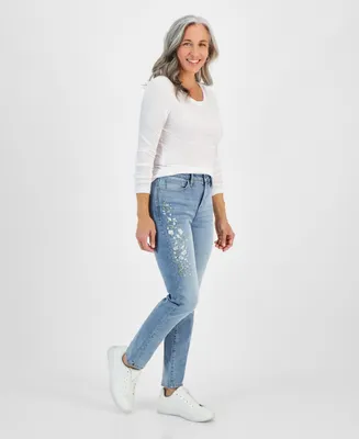 Style & Co Petite Embroidered High-Rise Natural Straight Jeans, Created for Macy's