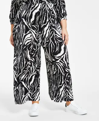 Bar Iii Plus Printed Plisse-Knit Pull-On Pants, Created for Macy's