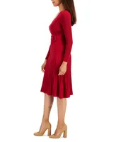 Robbie Bee Petite Ribbed Pleated-Skirt Belted Sweater Dress