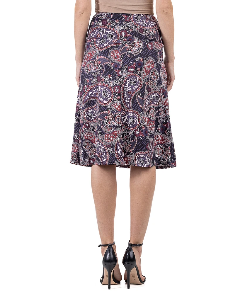 24seven Comfort Apparel Women's Paisley Elastic Waist Knee Length Skirt