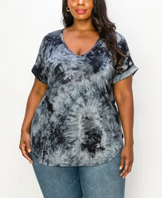 Coin 1804 Plus Size Tie Dye V-neck Rolled Short Sleeve Top