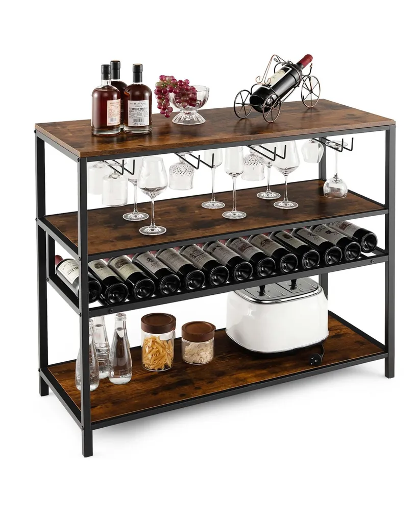 Costway Rustic Wine Rack Table 13 Bottles Wine Bar Cabinet Freestanding with Glass Holder