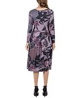 24seven Comfort Apparel Women's Floral Long Sleeve Pleated Pocket Midi Dress