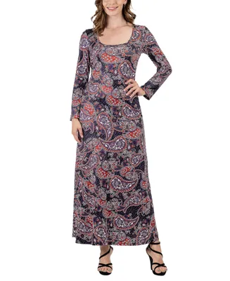 24seven Comfort Apparel Women's Long Sleeve Paisley A-Line Maxi Dress