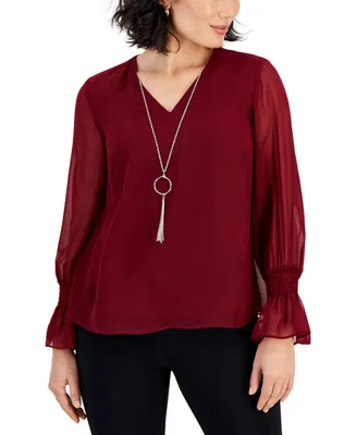 Jm Collection Petite Smocked-Sleeve Necklace Top