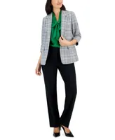 Kasper Womens Plaid Open Jacket Matte Satin Tie Neck Blouse Fly Front Pocket Trousers