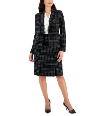 Kasper Womens Plaid Tweed One Button Notch Collar Jacket Matte Satin Tie Front Blouse Plaid Tweed Slim Skirt