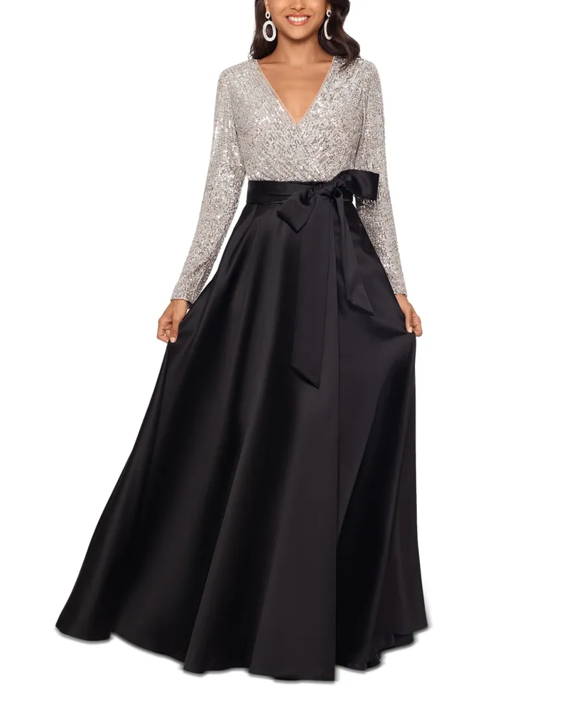 Xscape Petite Sequin-Bodice Long-Sleeve Ball Gown