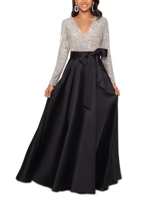 Xscape Petite Sequin-Bodice Long-Sleeve Ball Gown